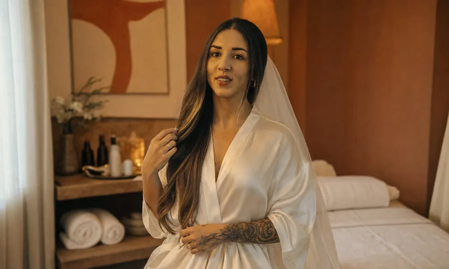 Gabi vestida de noiva em um ambiente de spa